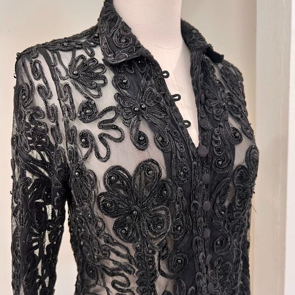 Cache Tops - Vintage Cache (L) Statement Button Up Top Goth Drama Glam Mob Wife Couture Bead
